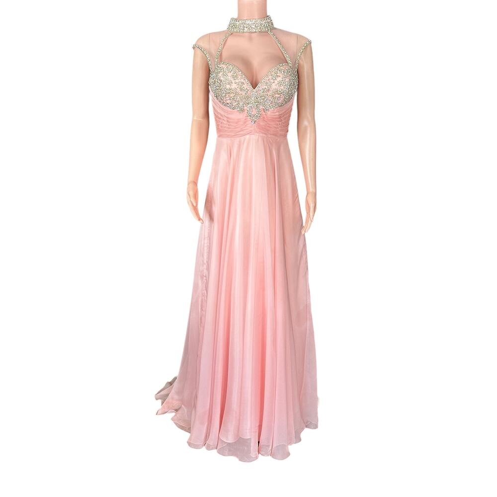 Jovani Pink Cap Sleeve Chiffon Crystal Embellished A-Line Gown Size 4